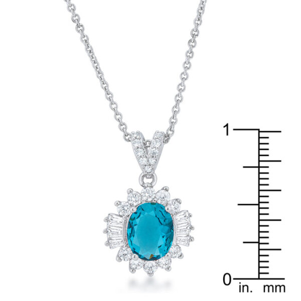 Aqua cubic zirconia drop necklace with an 18-inch chain, a 2-inch extender and a lobster clasp.