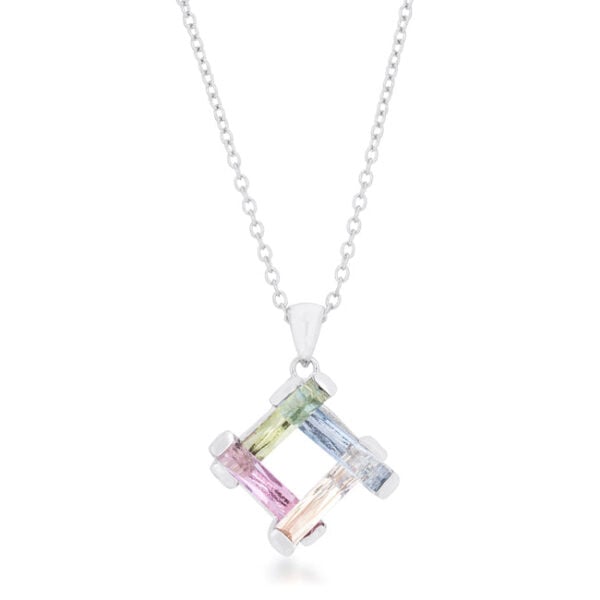 Multicolor necklace with purple radiant-cut cubic zirconia in a prong setting, tanzanite, and rhodium plated over lead free alloy (brass).