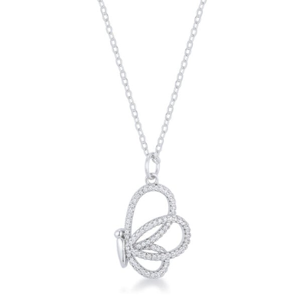 Butterfly pendant necklace with cubic zirconia stones set in rhodium plated metal, front view