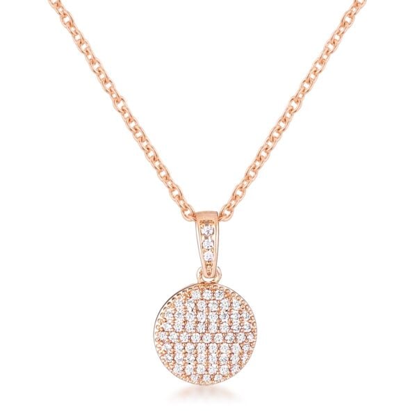 Rose goldtone necklace with a round disk pendant set with a clear cubic zirconia stone