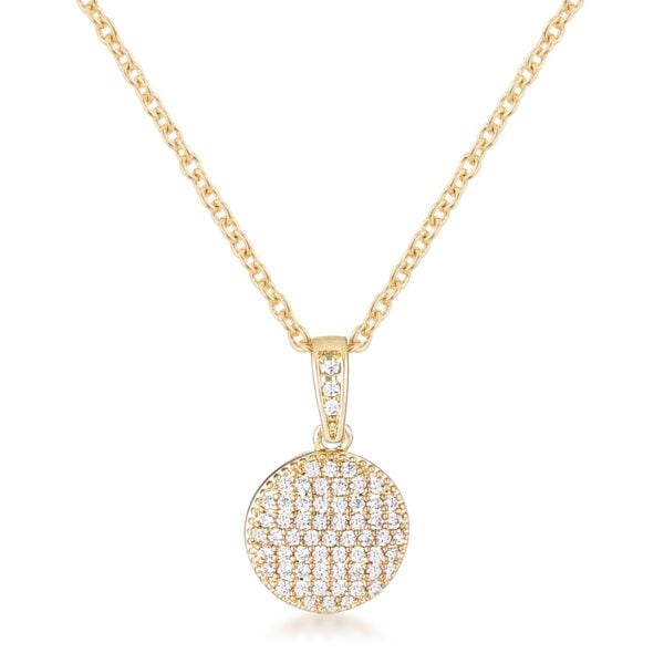Gold plated necklace with a round disk pendant set with a clear cubic zirconia stone