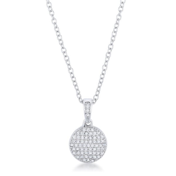 Rhodium chain necklace with round pavé-set cubic zirconia disk pendant, front view