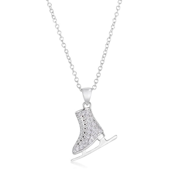 Ice skate pendant in rhodium plated over lead free alloy (brass) with round clear stones in a pave setting