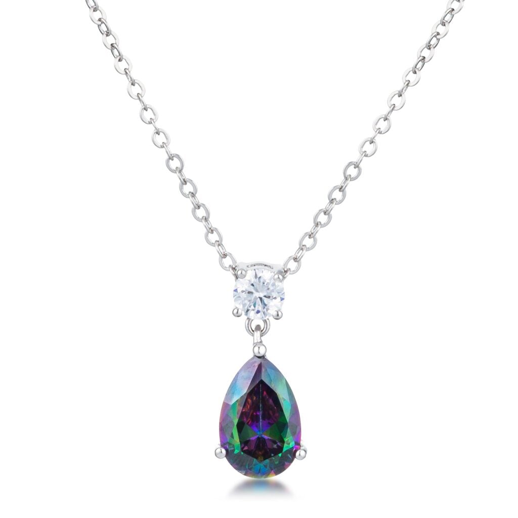 Silvertone plated teardrop pendant with champagne cubic zirconia stones in a mystic cut