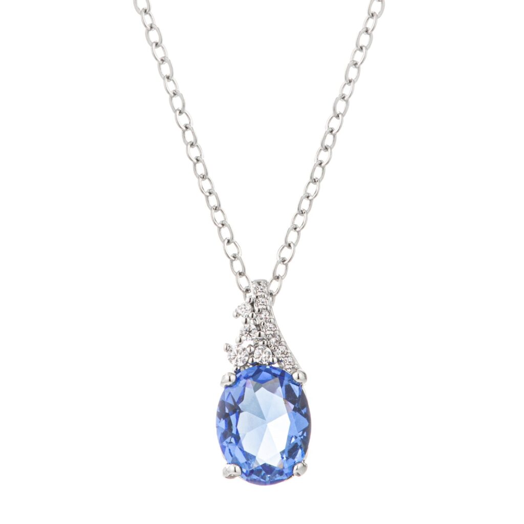 Clear cubic zirconia pendant necklace in rhodium plated over brass with 3 ct total stone weight.