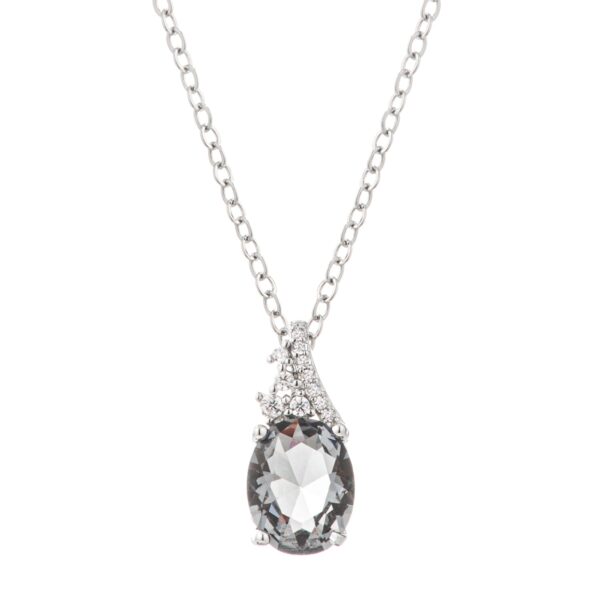 Rhodium-plated oval pendant necklace with clear cubic zirconia stones on a chain