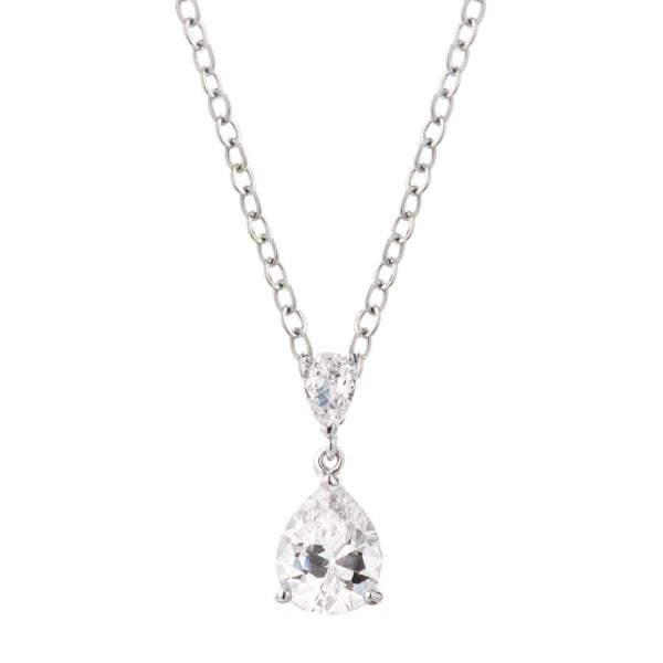 Rhodium plated over brass pendant in a double pear drop design with clear pear-cut cubic zirconia.