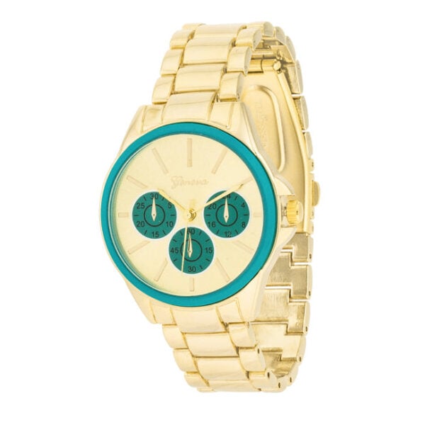 Round chronograph watch with teal bezel and gold-toned link bracelet