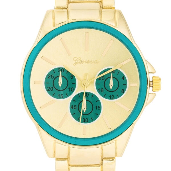 Close view of the sub-dials set against the gold-toned watch case