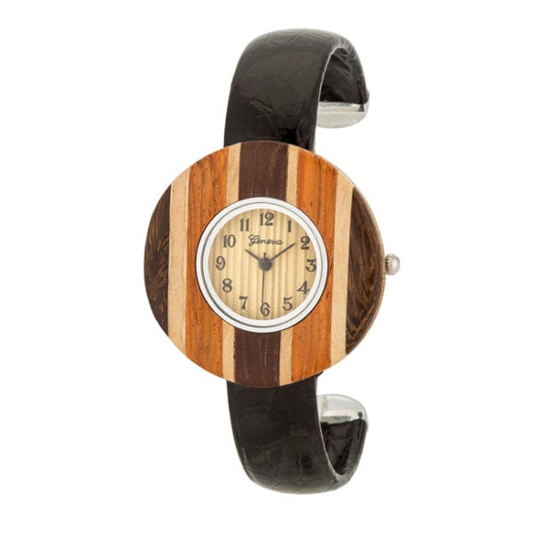 Round watch face with striped wood-tone segments on a black leather cuff band