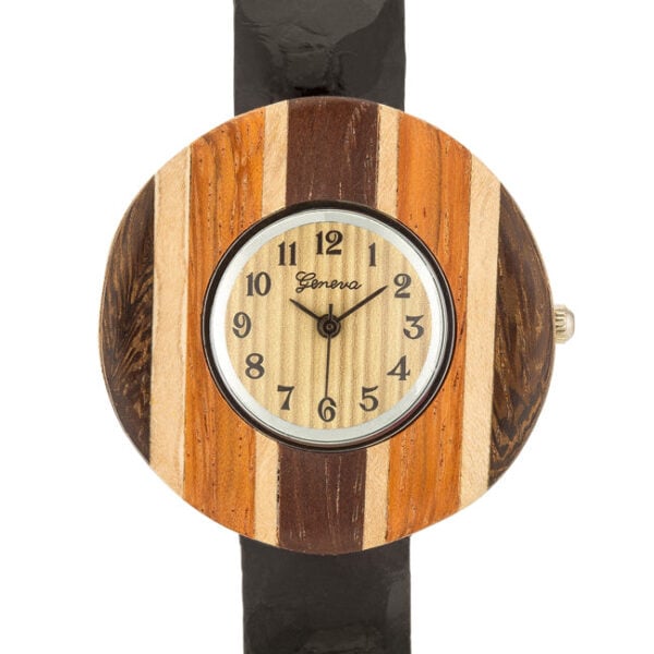 Close angle of the wood-tone striped watch face on the black leather cuff
