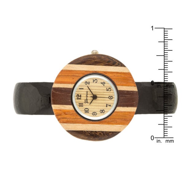 Black leather cuff band of the watch shown from the side