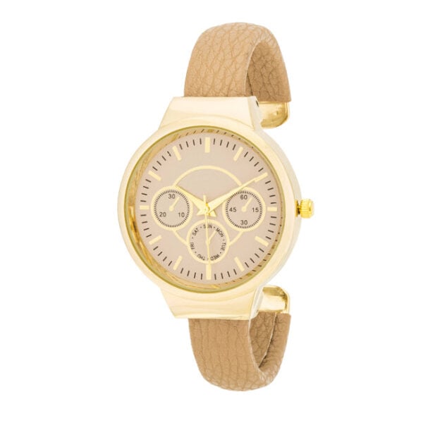 Beige leather cuff watch in gold tone over stainless steel with a purple stone.