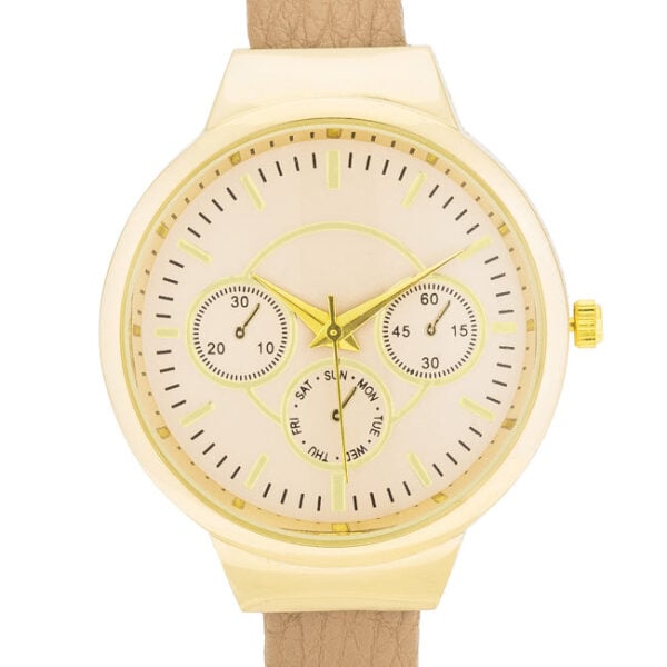 Cuff watch with beige leather, gold tone over stainless steel, and a purple stone.