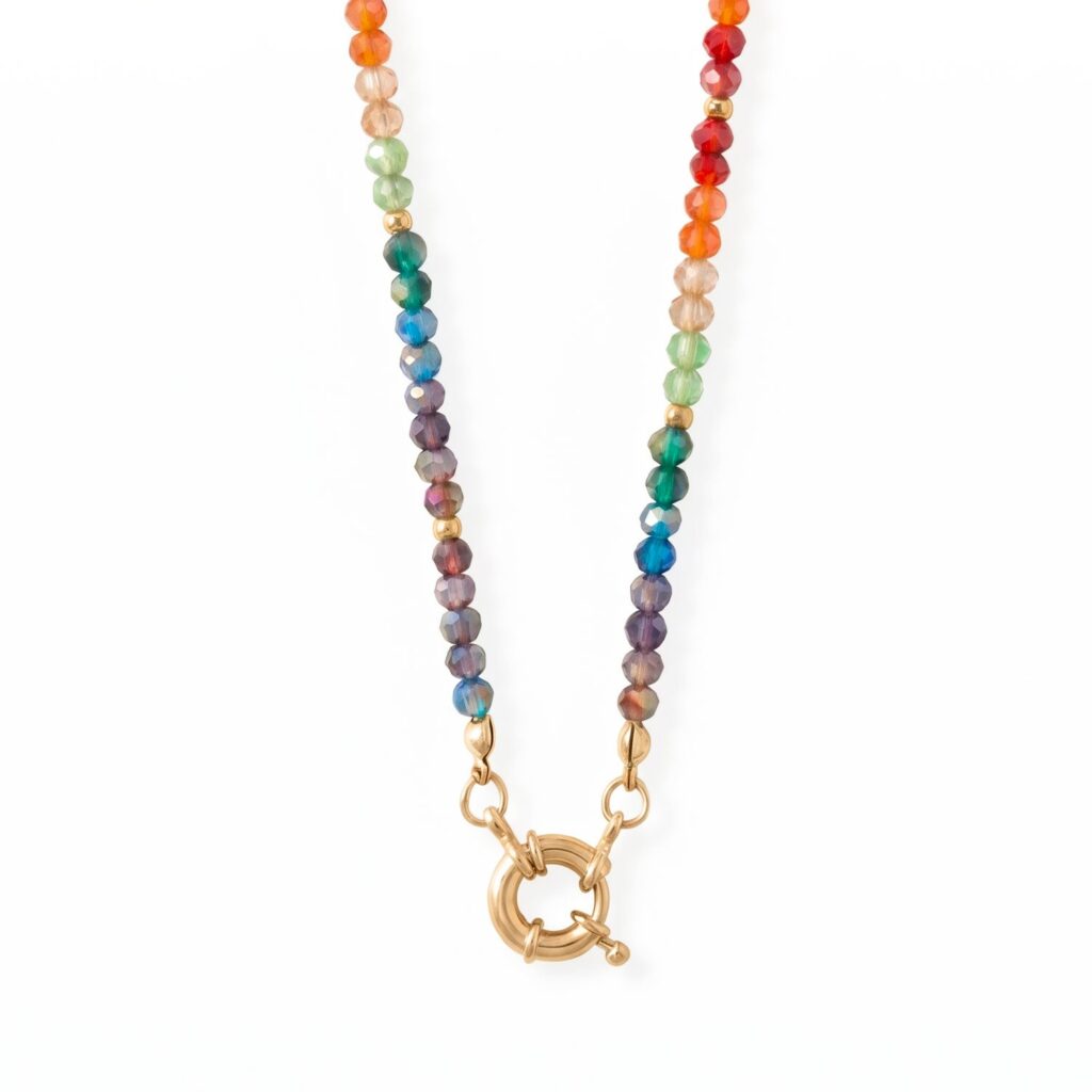 17 Gold Tone Rainbow Glass Bead Fashion Necklace