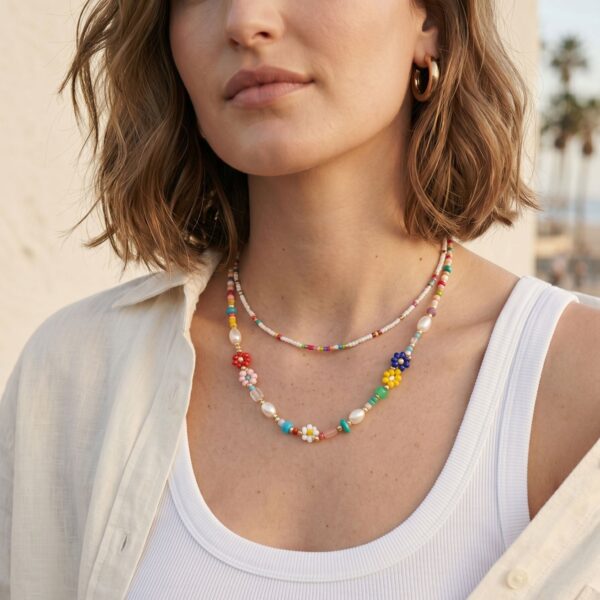 15 + 3 Floral Seed Bead and Imitation Pearl Fashion Necklace - alternate view 2