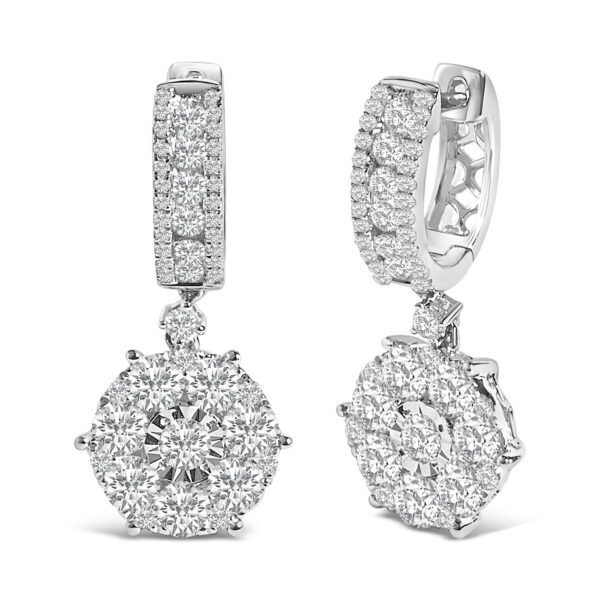 Side angle of the diamond dangle earring showing the hinge back closure