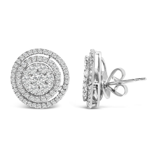Stud earring pictured from the side showing the push back closure and depth of the cluster and halo design