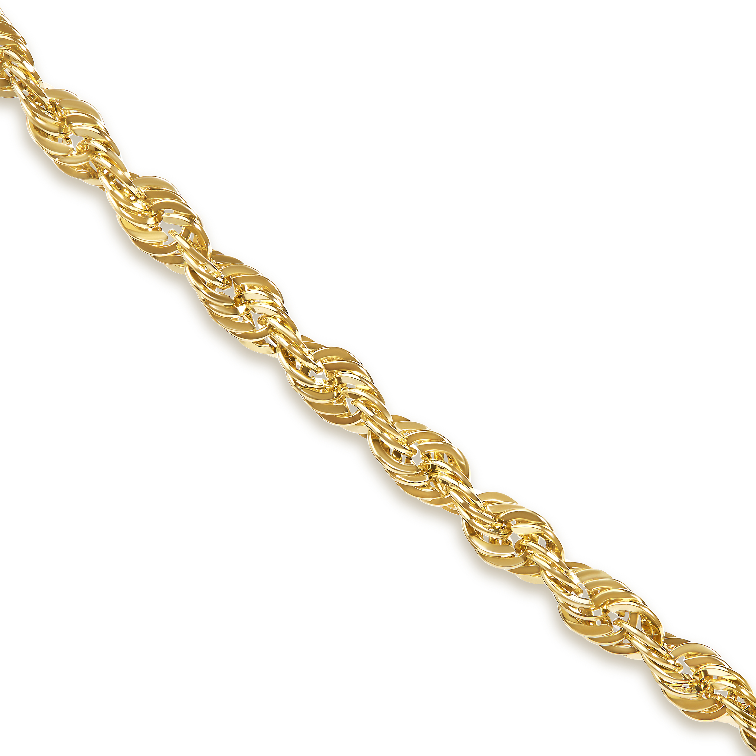 10K yellow gold rope chain necklace coiled flat on a plain background