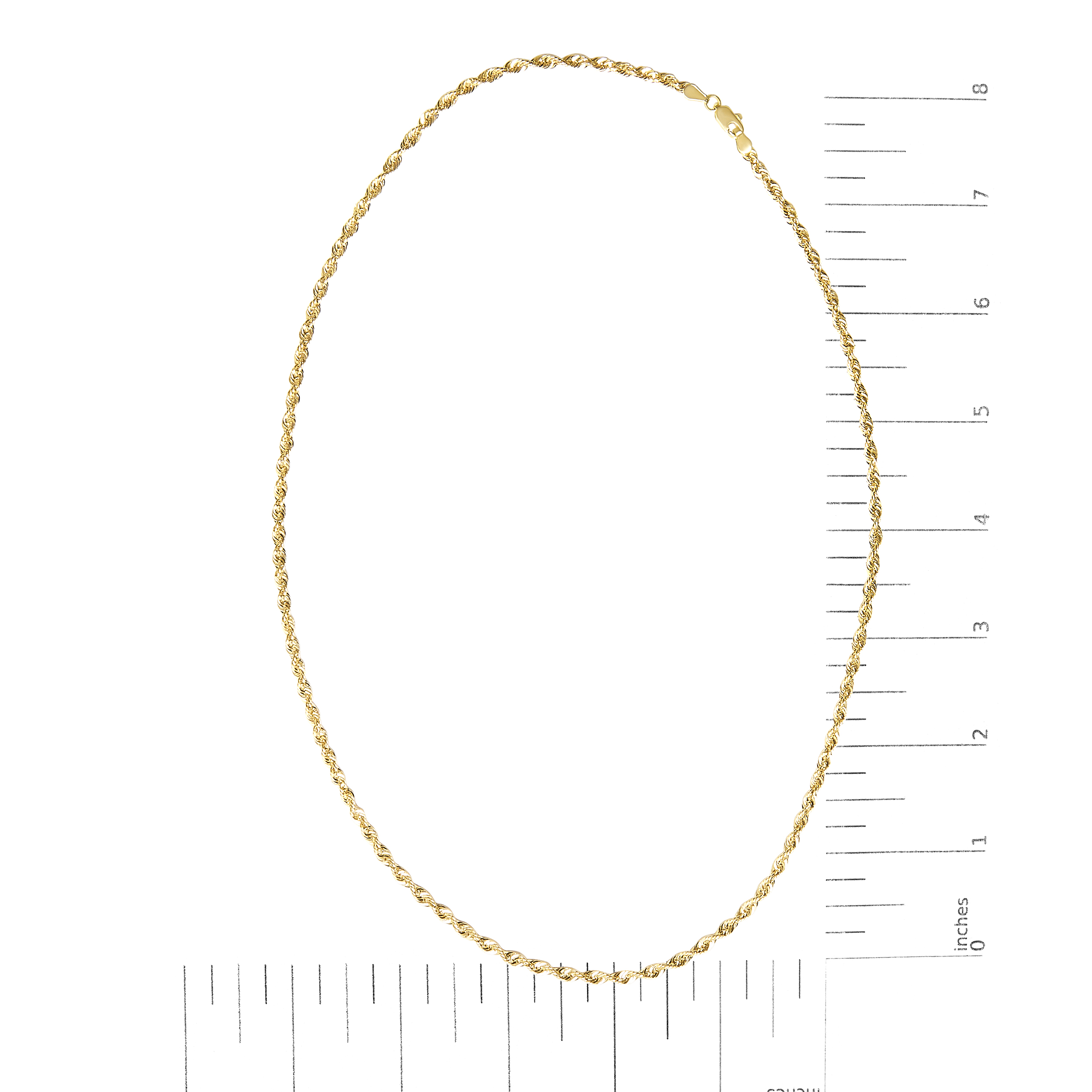 Rope chain necklace shown next to a ruler indicating its 22 inch length and 3.2mm width