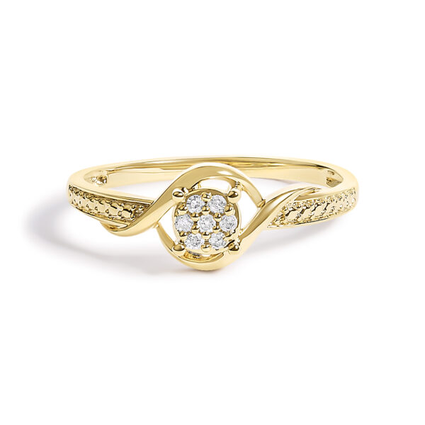 The ring with seven round natural diamonds in prong settings.