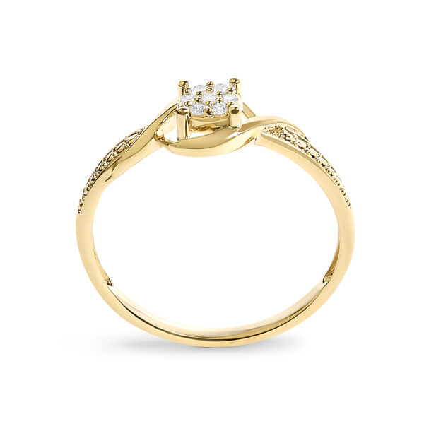 10K Yellow Gold ring with a twisted design and seven round diamonds in prong settings.