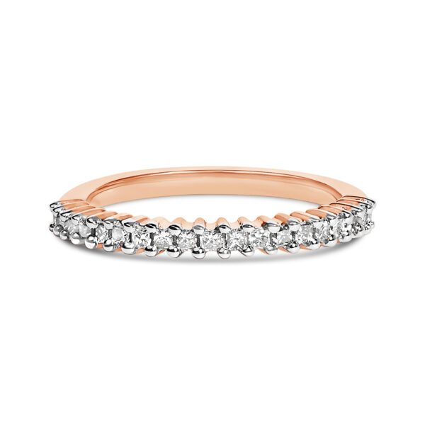 10K flash plated over .925 sterling silver band ring with 19 natural Princess diamonds in prong settings.