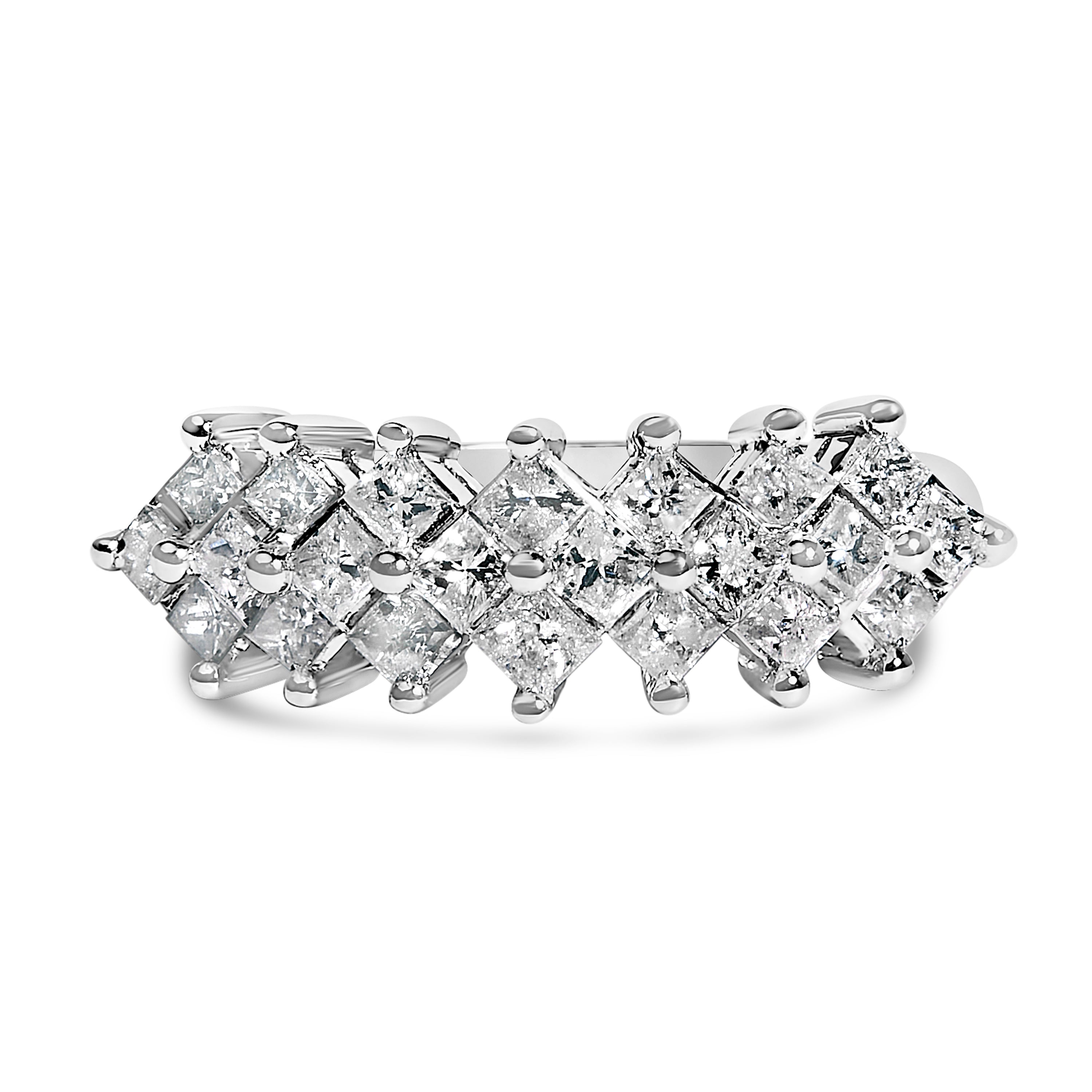 Six natural Princess diamonds in an invisible setting on a rhodium plated over .925 sterling silver cluster band ring