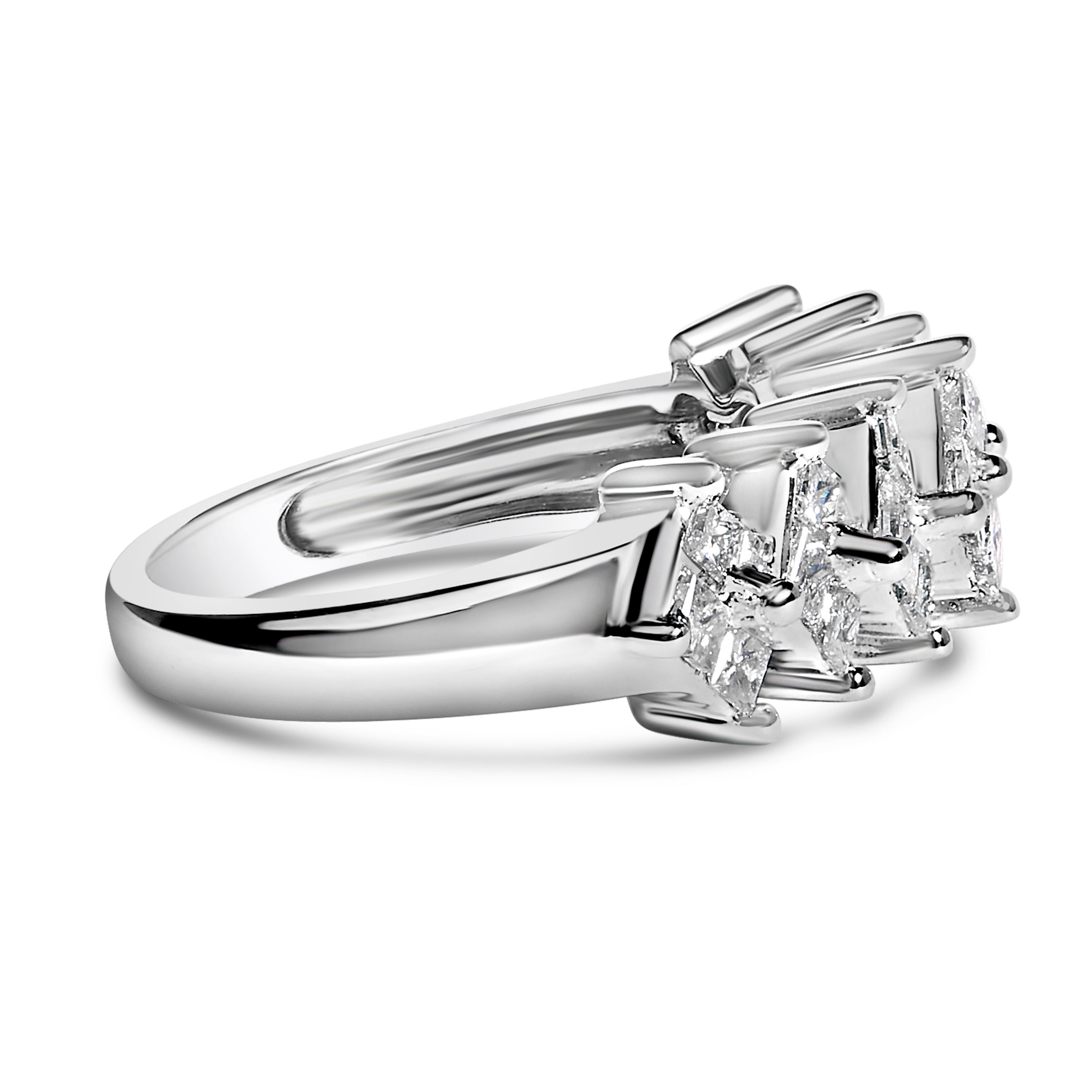 Rhodium plated over .925 sterling silver band ring with six natural Princess diamonds in an invisible setting