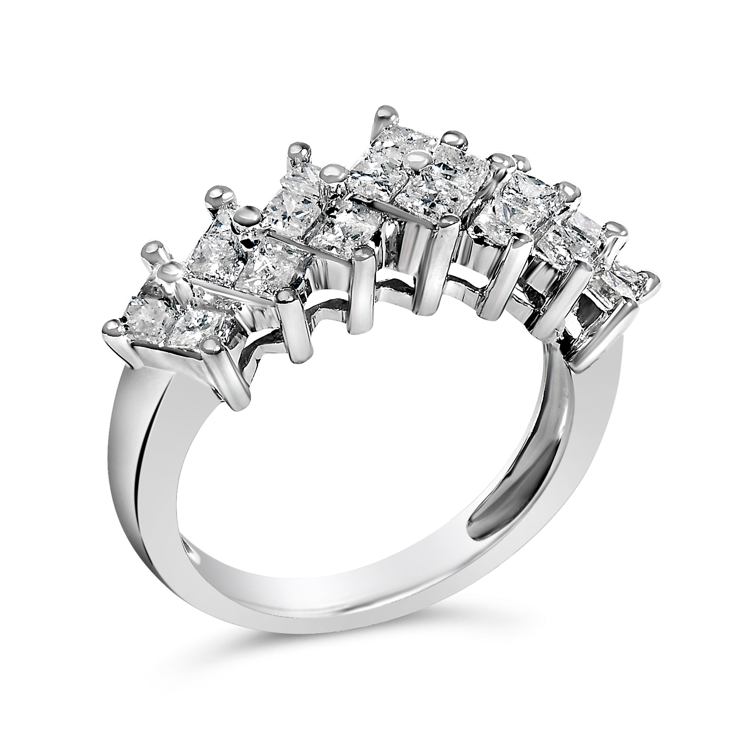 Princess diamond cluster band ring with six natural, untreated diamonds in an invisible setting