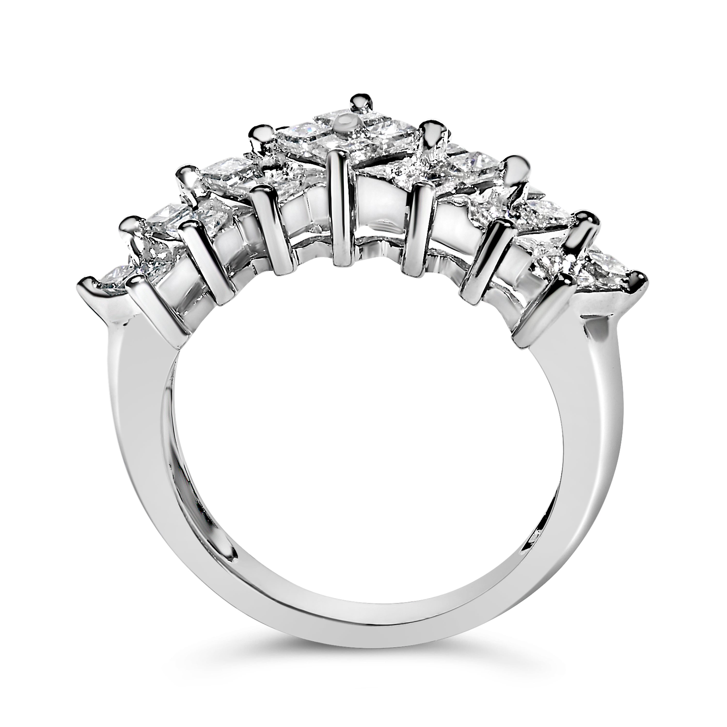Six Princess diamonds in an invisible-set cluster on a band ring