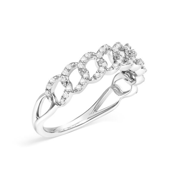 Thirty-six natural round diamonds in prong settings on a curb link ring, rhodium plated over .925 sterling silver