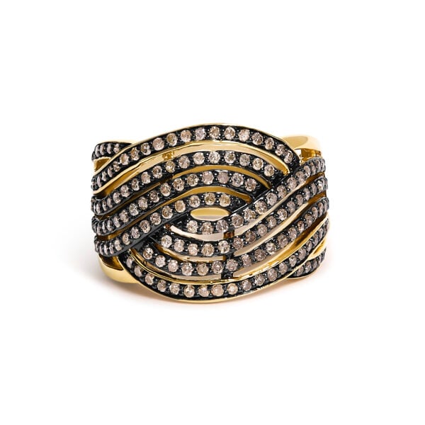 Crossover ring with 38 round natural, untreated champagne diamonds in 10K flash plated over .925 sterling silver
