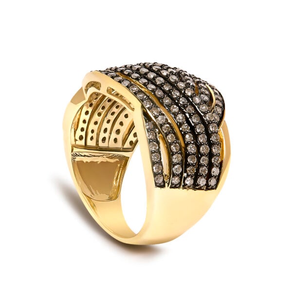 Champagne diamond crossover design with 38 round diamonds in prong settings