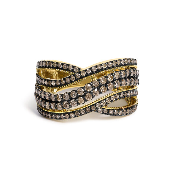 Highway ring with 52 natural untreated round champagne diamonds in prong settings and 10K flash plated over .925 sterling silver.