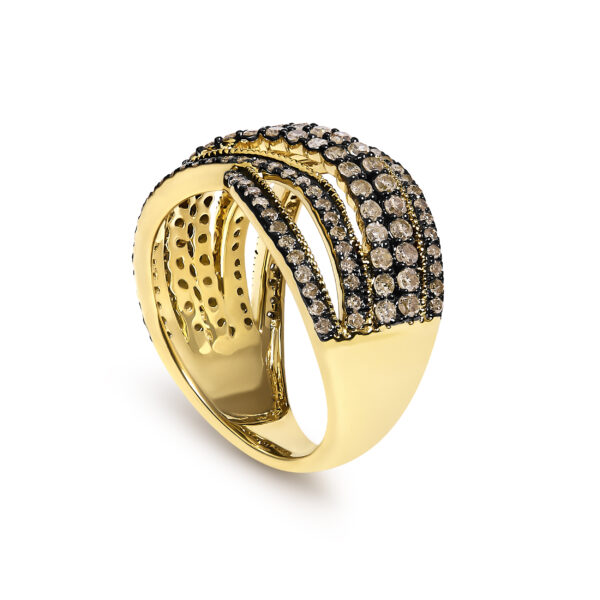 Highway motif ring with 52 round natural untreated champagne diamonds and 10K flash plated over .925 sterling silver.