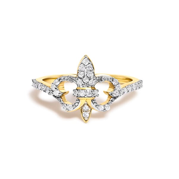 Fleur-de-lis ring with 40 round natural diamonds in prong settings, 14K yellow gold plated over .925 sterling silver.