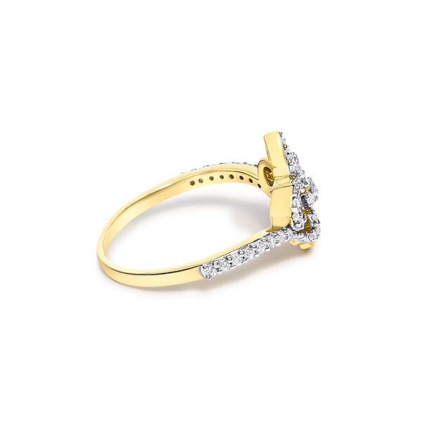 Fleur-de-lis diamond ring in 14K yellow gold plated over .925 sterling silver with round natural diamonds in prong settings.