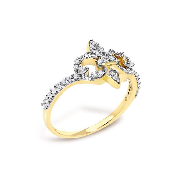 Round natural diamonds in prong settings on a fleur-de-lis ring, 14K yellow gold plated over .925 sterling silver.