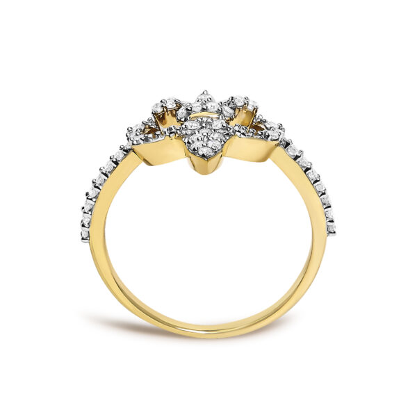 Fleur-de-lis diamond ring with prong-set round natural diamonds, 14K yellow gold plated over .925 sterling silver.