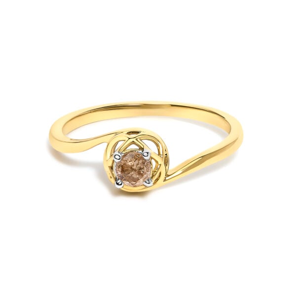 Bypass solitaire ring with one round light brown diamond in a prong setting, 14K yellow gold plated over .925 sterling silver.