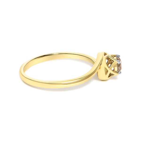 One round light brown diamond in a prong setting on a bypass solitaire ring, 14K yellow gold plated over .925 sterling silver.