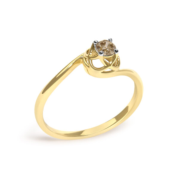 Bypass solitaire ring with a round light brown diamond, 14K yellow gold plated over .925 sterling silver.