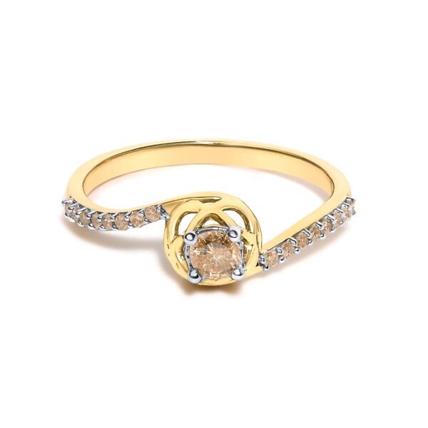 Light brown diamond bypass ring in 14K yellow gold plated over .925 sterling silver with 16 round diamonds in prong settings.
