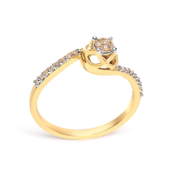 Round natural, untreated diamonds in prong settings on a light brown diamond bypass ring.