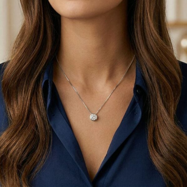 7 mm cubic zirconia bezel, floating, and slide necklace in 925 sterling silver.