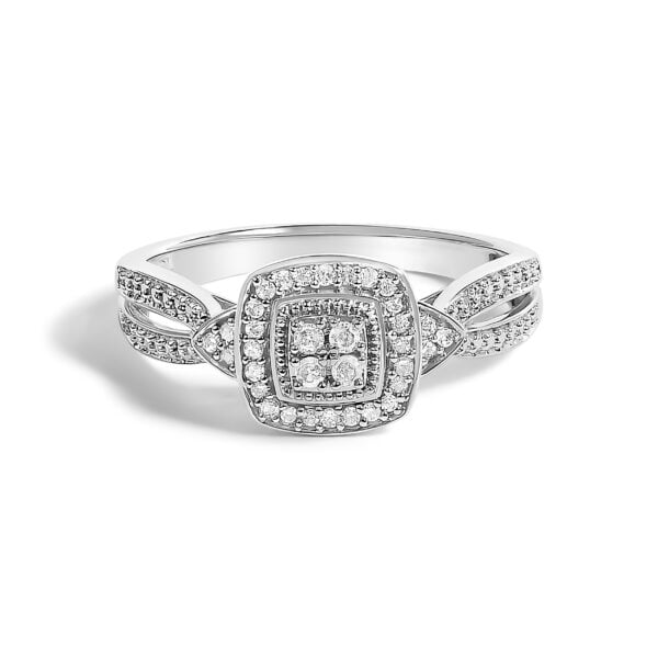 Rhodium plated over gold cluster halo promise ring with 24 round natural diamonds in prong settings.
