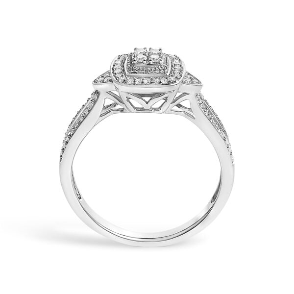 Natural round diamond cluster halo promise ring in rhodium plated over gold.