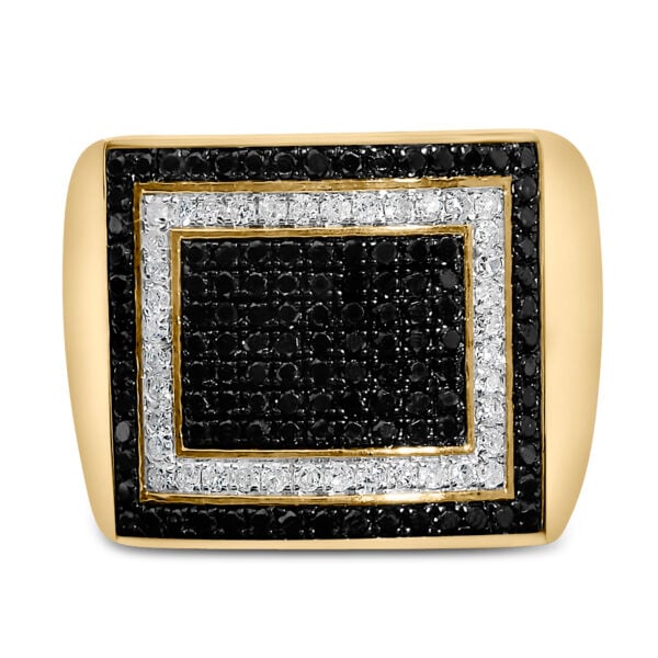 10K yellow gold geometric cluster ring with 40 natural round white and black diamonds in prong settings.