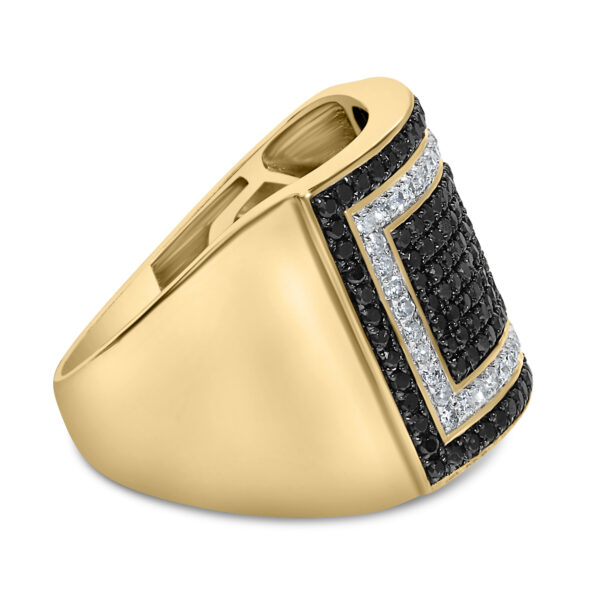 10K yellow gold ring with a geometric cluster of natural round white and black diamonds in prong settings.